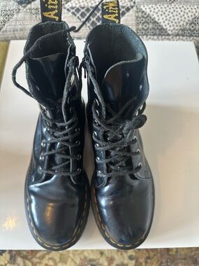 Dr. Martens Platform Black Leather Combat Boots with Yellow Stitching